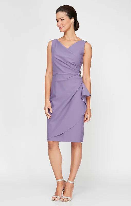 Compression Party Dress with Surplice Neckline, Cascade Ruffle Skirt & Beaded Detail at Hip