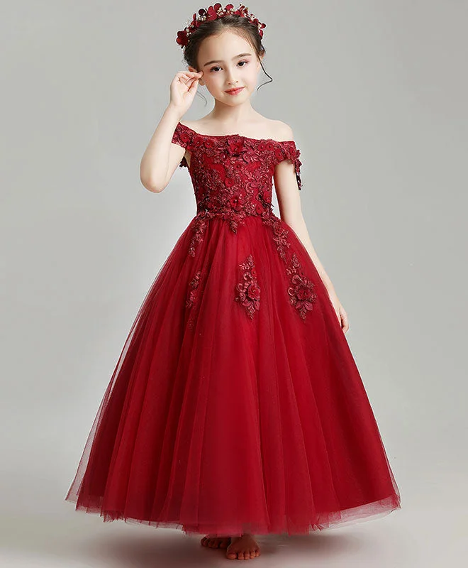 Burgundy Tulle Lace Flower Girl Dress, Burgundy Girl Party Dress