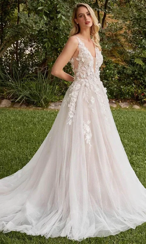 Cinderella Divine CDS436W - 3D Appliqued A-line Wedding Dress