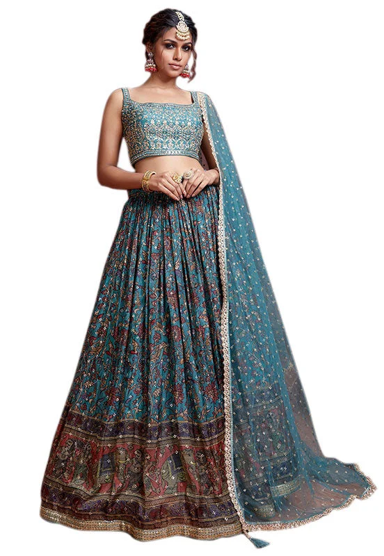 Blue Chinon Digital Print Designer Party wear Lehenga Choli Set - NM106