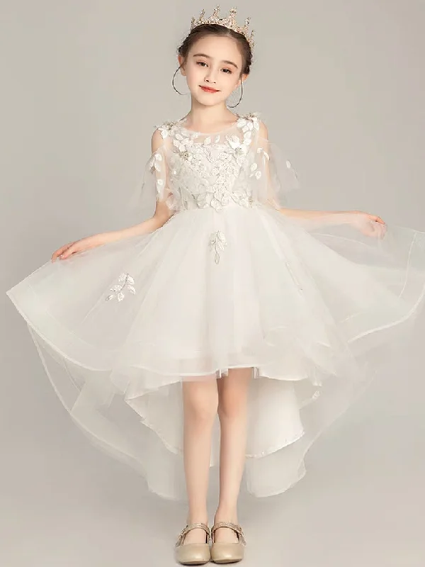 Beige Tulle Lace High Low Flower Girl Dress, Lace Girl Party Dress