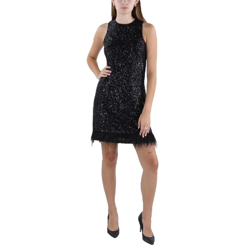 Taylor Womens Sequined Faux Feather Trim Cocktail And Party Dress