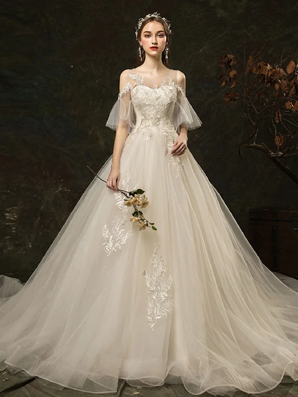 White Round Neck Tulle Lace Long Wedding Dress, Bridal Dress