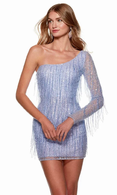 Alyce Paris 4646 - Asymmetric Neck Fringed Party Dress