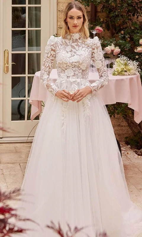 Cinderella Divine CDS433W - Long Sleeve Wedding Dress with Lace Embellishments