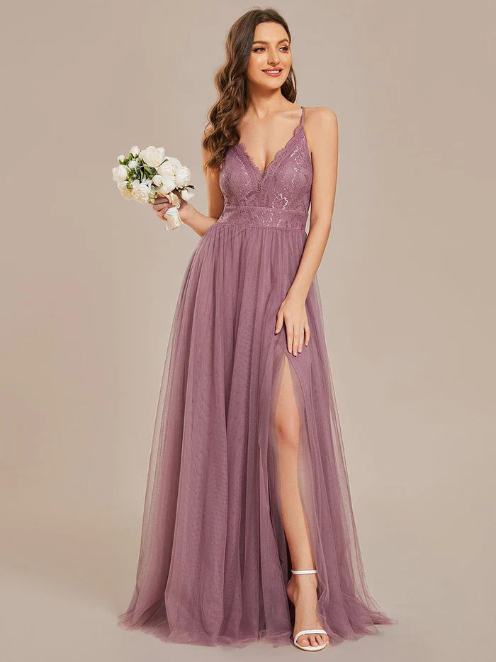 Spaghetti Straps Cross-Back Lace Top A-Line High Slit Tulle Bridesmaid Dress