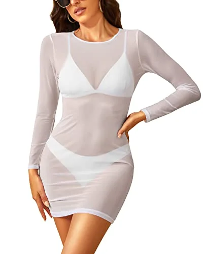 Women's Sexy Sheer Mesh Swimsuit Cover-up with Long Sleeves Beach Dress