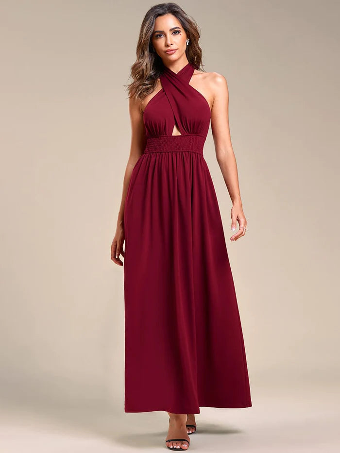 Convertible Halter A-Line  Waist Tea Length Backless Bridesmaid Dress