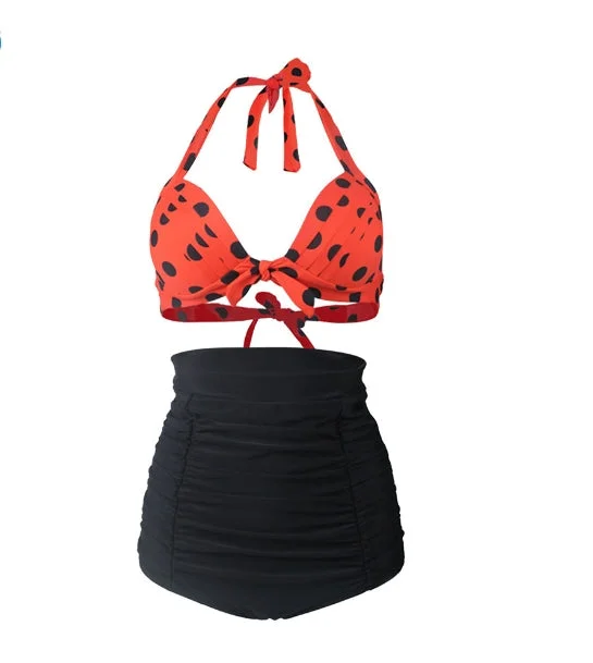 Plus Size Vintage Retro High Waist Halter Bikinis Swimsuit Dark Orange