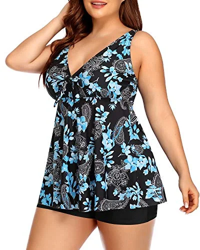 Plus Size 2 Piece Tankini Swimsuits Shorts Tummy Control Swimwear-Black Floral