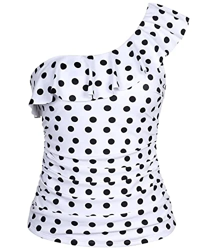 Push Up Bra One Shoulder Tankini Top Flirty Ruffle Detail-White Dot