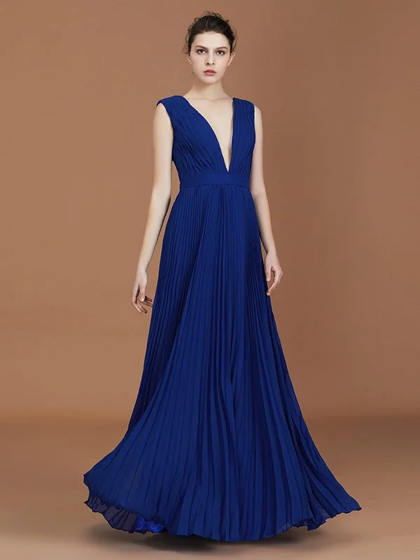 A-Line/Princess V-neck Sleeveless Pleated Floor-Length Chiffon Bridesmaid Dress