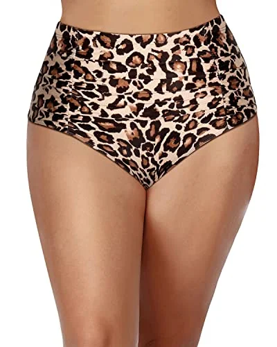 Flattering Plus Size Bikini Bottoms Retro Swim Shorts-Leopard