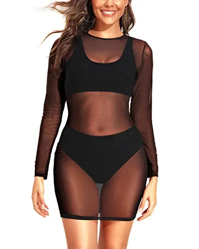 Beach Dress with Long Sleeves Women's Sexy Sheer Mesh Swimsuit Cover-up