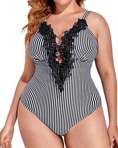 Sexy Lace Up Tummy Control Slimming Plus Size One Piece Swimsuits-Black And White Stripe