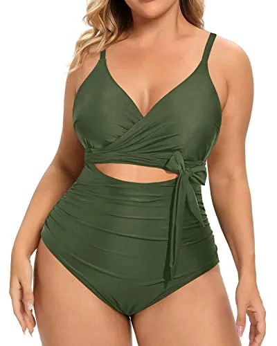 Wrap Tie High Waisted Tummy Control Cutout Swimsuits-Army Green