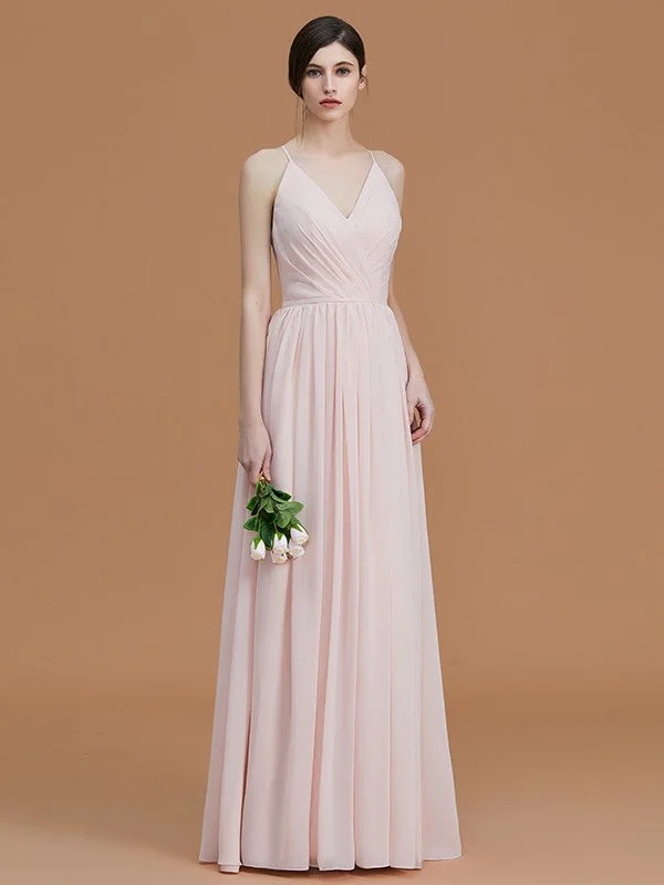 A-Line/Princess Spaghetti Straps Sleeveless Floor-Length Ruched Chiffon Bridesmaid Dresses