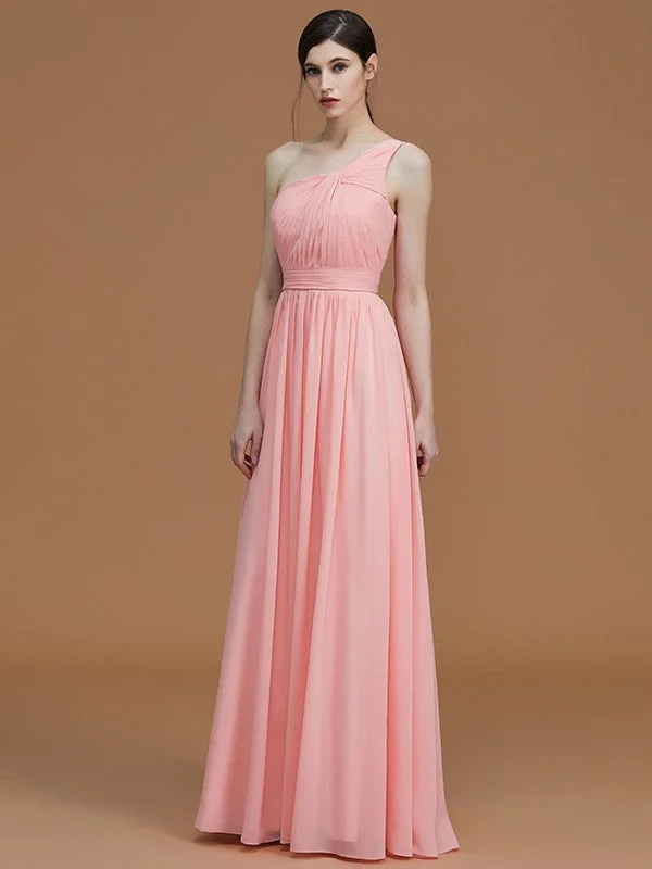 A-Line/Princess One-Shoulder Sleeveless Floor-Length Ruched Chiffon Bridesmaid Dresses