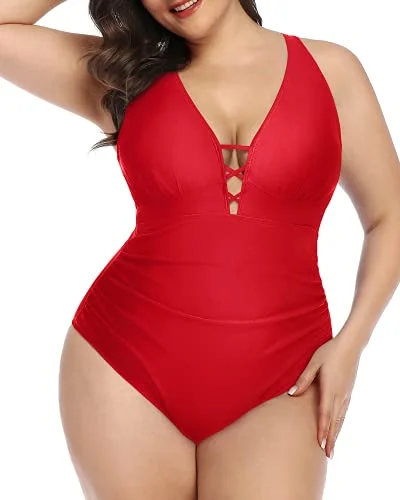 Push Up Padded Bra Plus Size Deep V Neck One Piece Swimsuit-Red