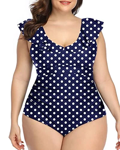 Retro Style Flounce Plus Size One Piece Swimsuit-Blue Dots