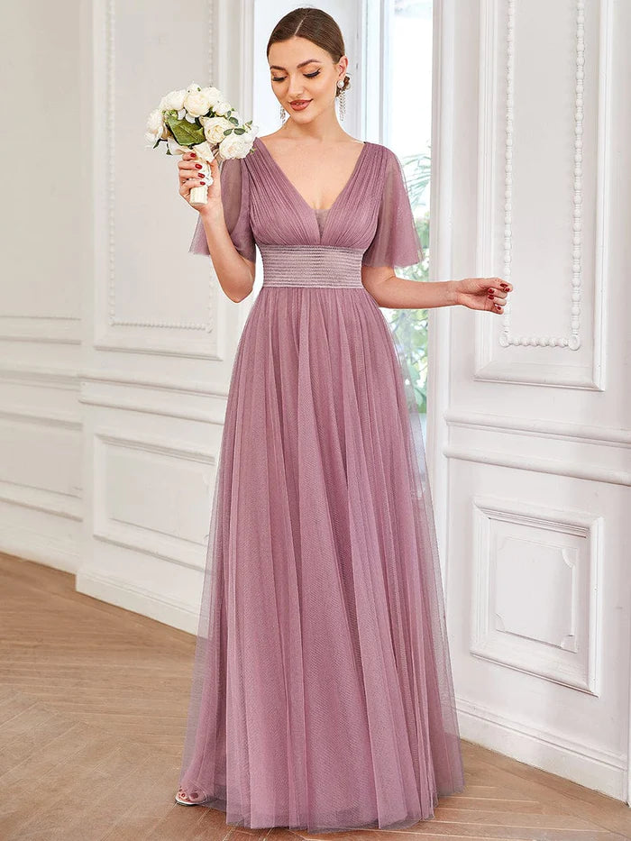 Pleated A-Line Short Sleeve Wide Waist Tulle Bridesmaid Dress