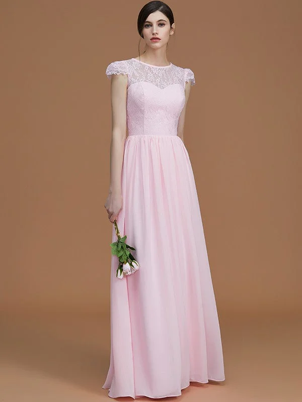 A-Line/Princess Jewel Short Sleeves Floor-Length Lace Chiffon Bridesmaid Dresses