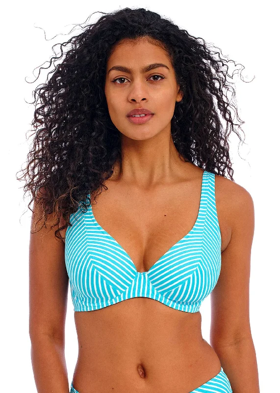 Jewel Cove High Apex Bikini Top In Stripe Turquoise - Freya