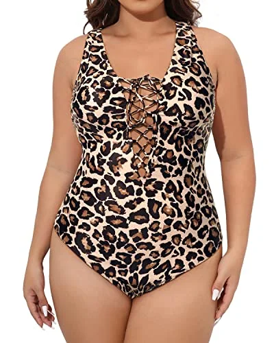 Tummy Control Crochet Trim Plus Size One Piece Swimsuits For Women-Leopard