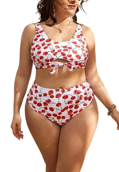 Plus Cherry Print Knot Hem Bikini Swimsuit