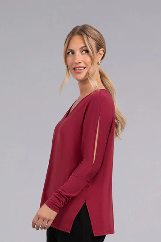 Bamboo Cotton V-Neck Slit Sleeve Top | Cherry