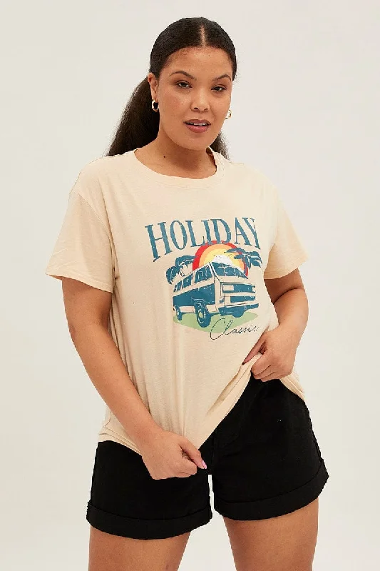 Beige Short Sleeve Holiday Regular T-shirt