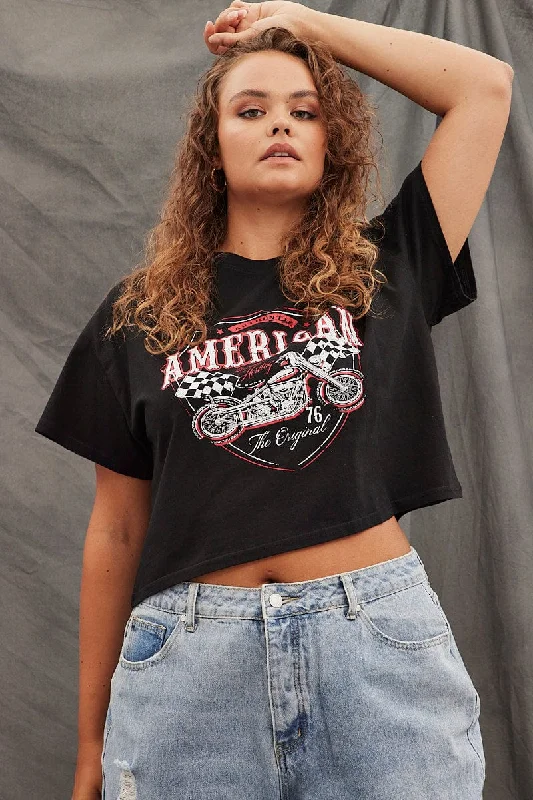 Black Graphic T-shirt American Vintage Crop Cotton