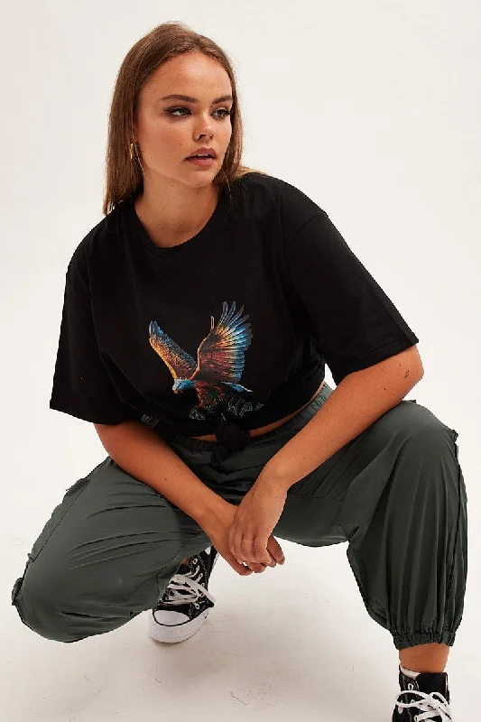 Black Graphic T-shirt Eagle Print Oversized Cotton