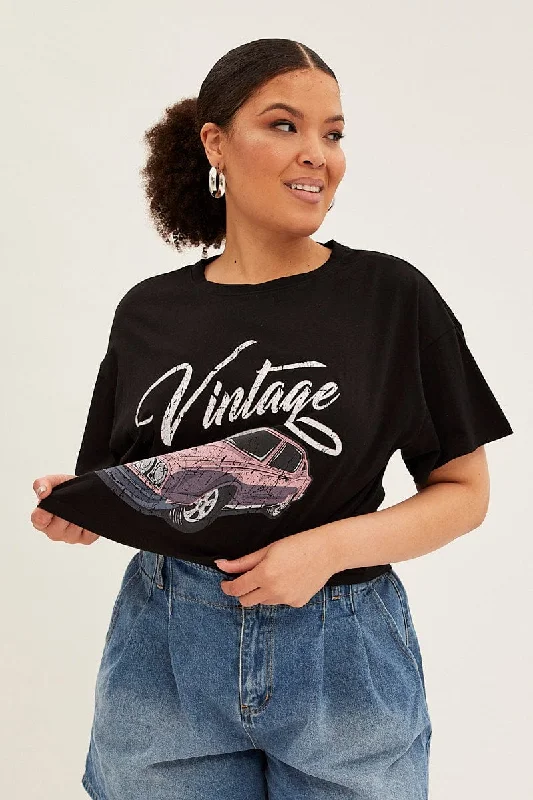 Black Sleeve T-shirt Vintage Crew Neck Short