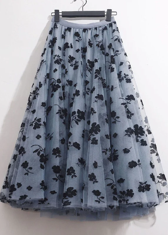 Boho Blue Grey Elastic Waist Print Tulle A Line Skirts Spring