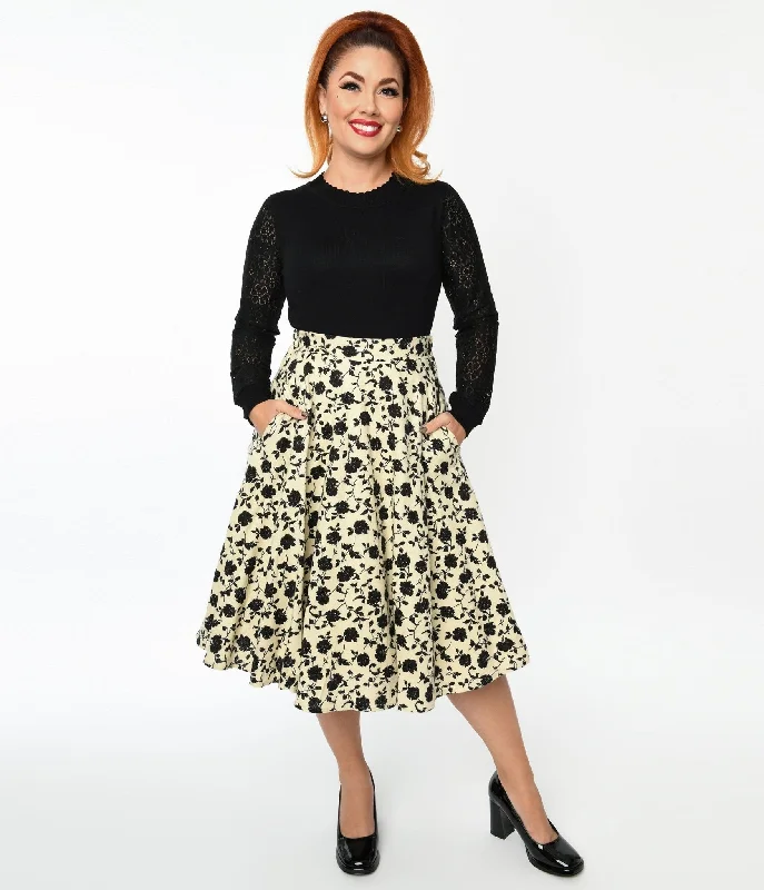 Cream & Black Floral Swing Skirt