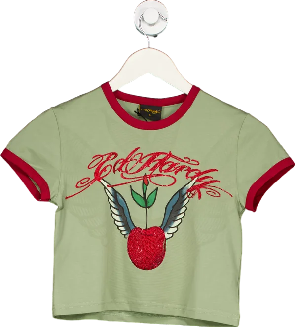 Ed Hardy Celadon Tint Womens Cherry Love Bomb Diamante Baby T-Shirt Top S