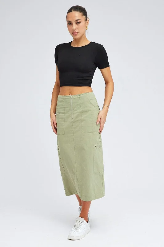 Green Cargo Skirt High Waist A-line Zip Detail Utility