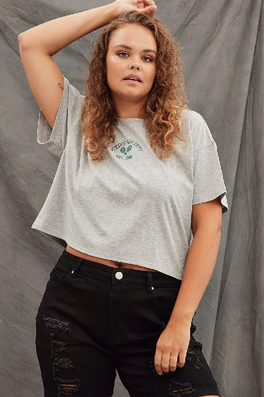 Grey Cotton T-shirt Tennis Embroidery Crop