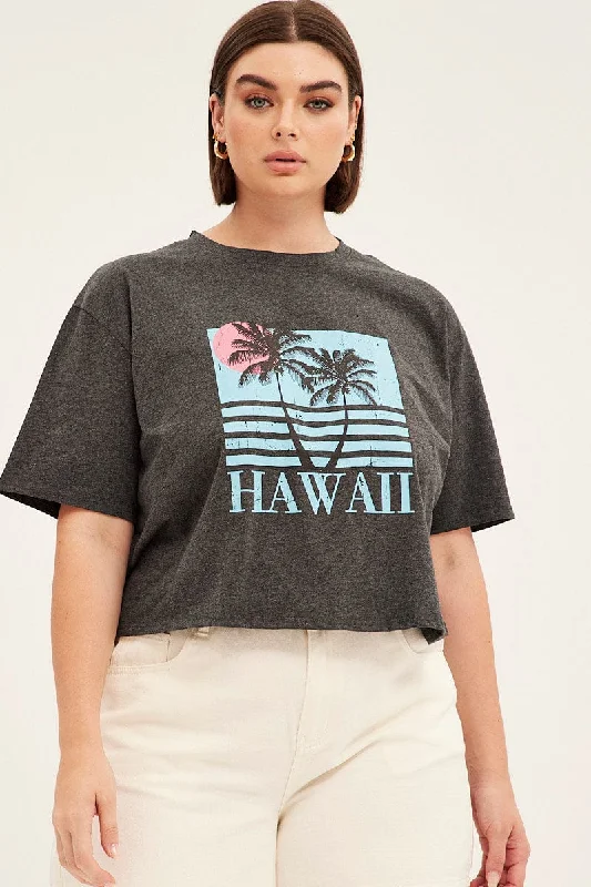 Grey Graphic T-shirt Crop Hawaii Cotton