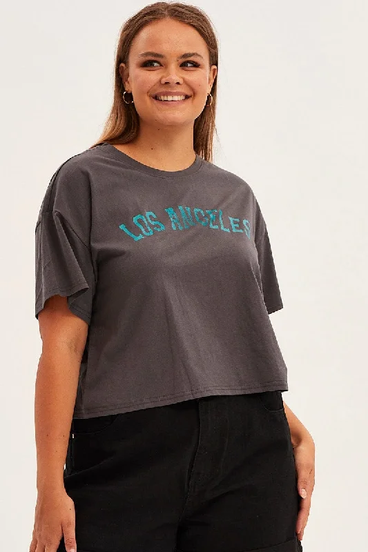 Grey Graphic T-shirt Los Angeles Print Cotton