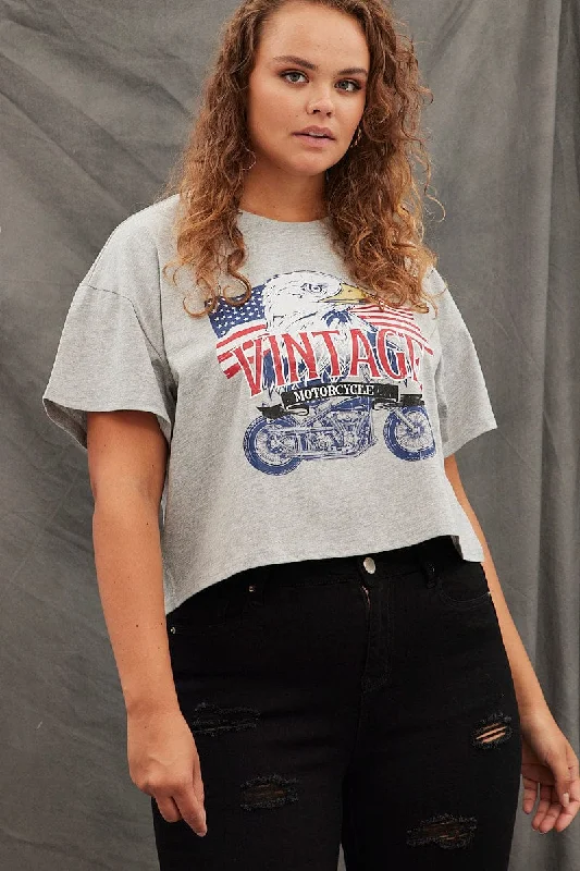 Grey Graphic T-shirt Vintage Bike Crop Cotton