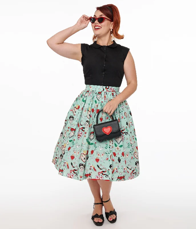 Hell Bunny 1950s Mint Green Tijuana Print Cotton Swing Skirt