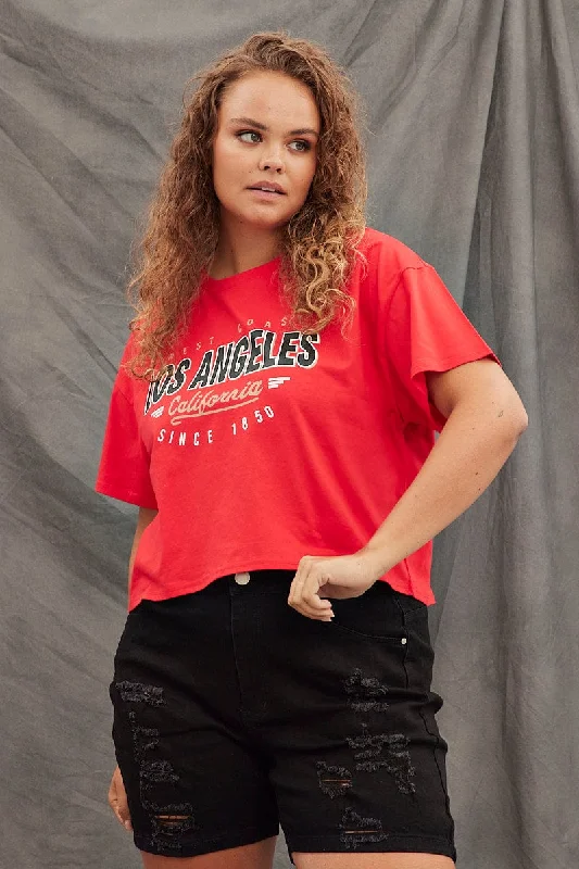 Red Graphic T-shirt Los Angeles Crop Cotton