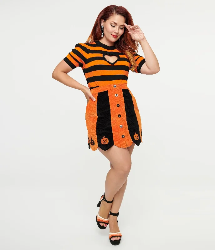 Smak Parlour 1960s Orange & Black Pumpkin Corduroy Mini Skirt