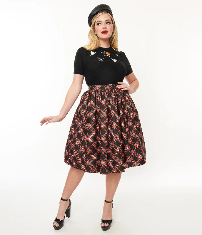 Unique Vintage 1950s Black & Orange Plaid Gellar Swing Skirt