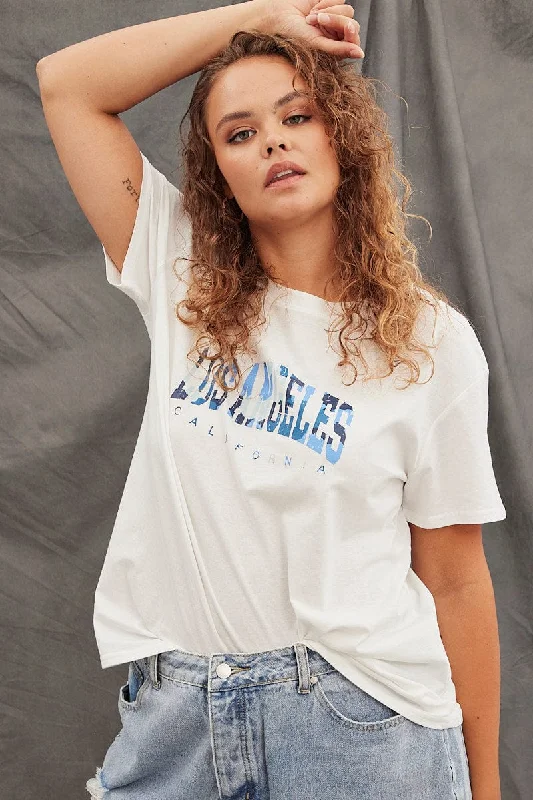 White Graphic T-shirt Los Angeles Camo Cotton Crop