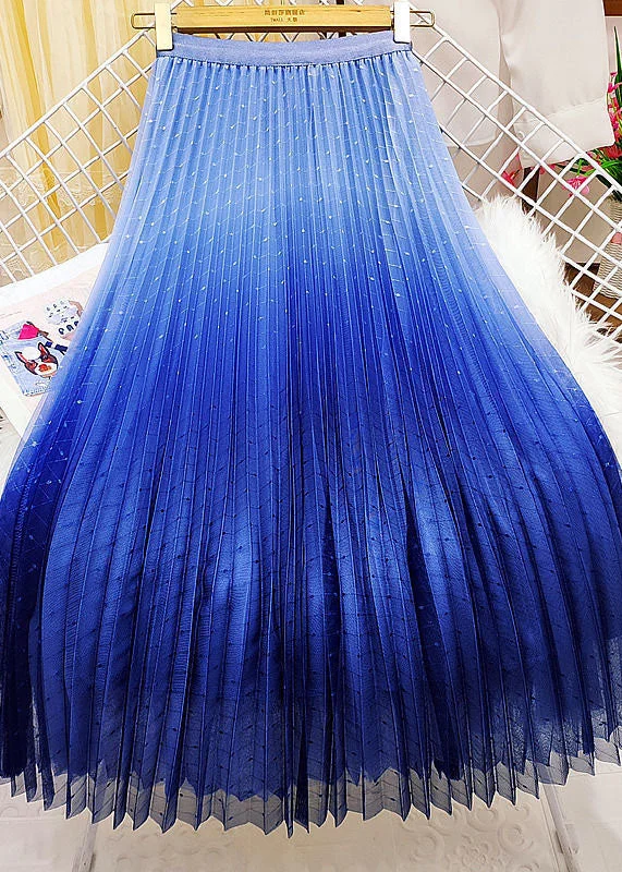 Women Blue Elastic Waist Sequins Gradient Color Tulle Pleated Skirt Spring