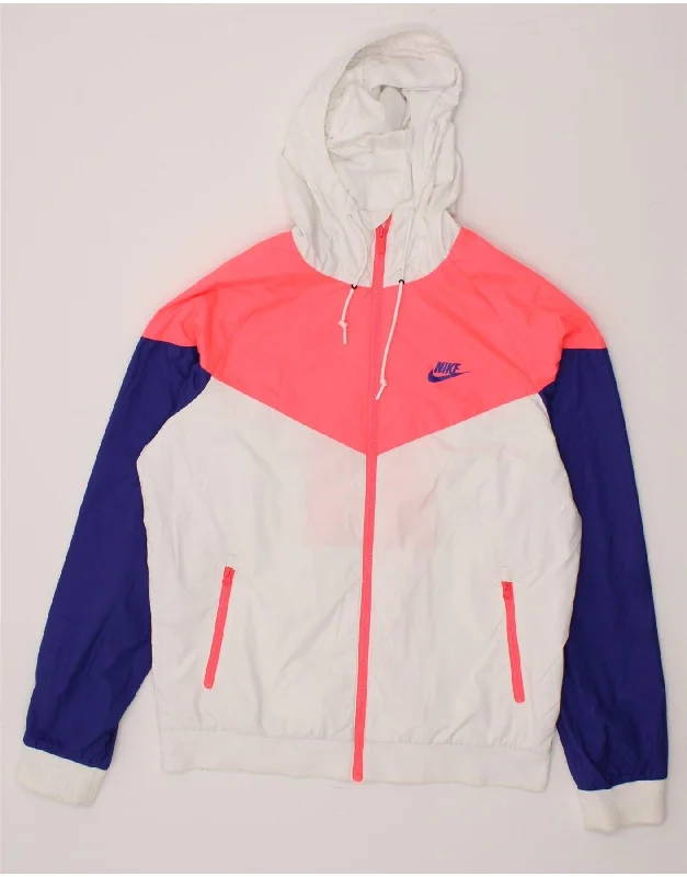 NIKE Womens Hooded Rain Jacket UK 14 Medium Multicoloured Colourblock