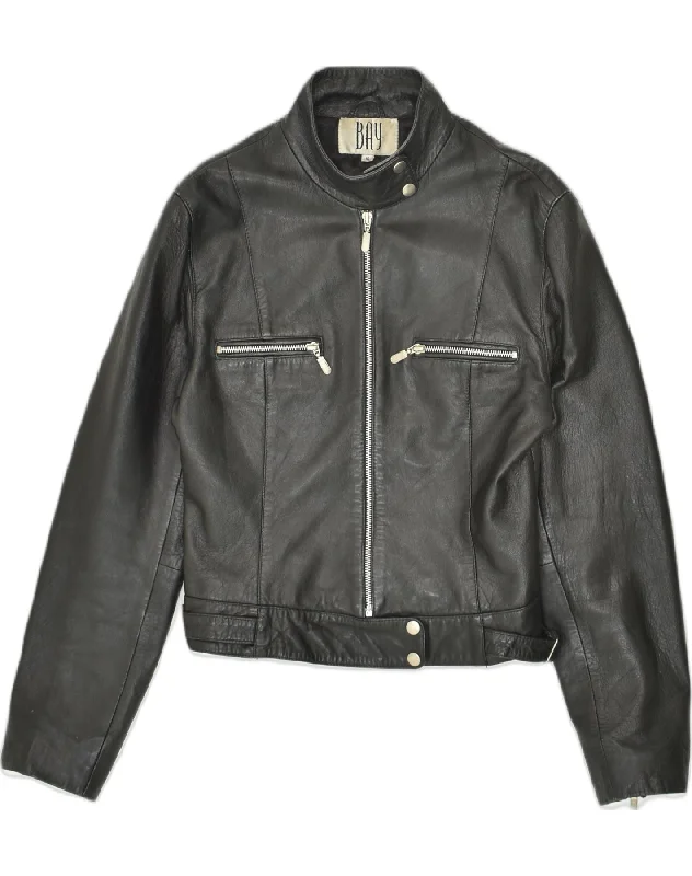 BAY Womens Bomber Leather Jacket UK 10 Small  Black Leather